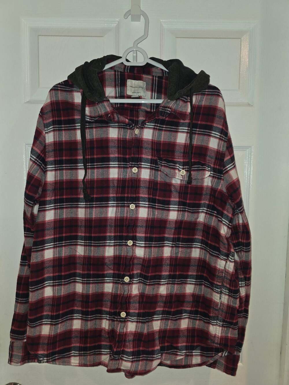American Eagle Jacket Mens Large Red Plaid Trucker Button Shacket Western Farm